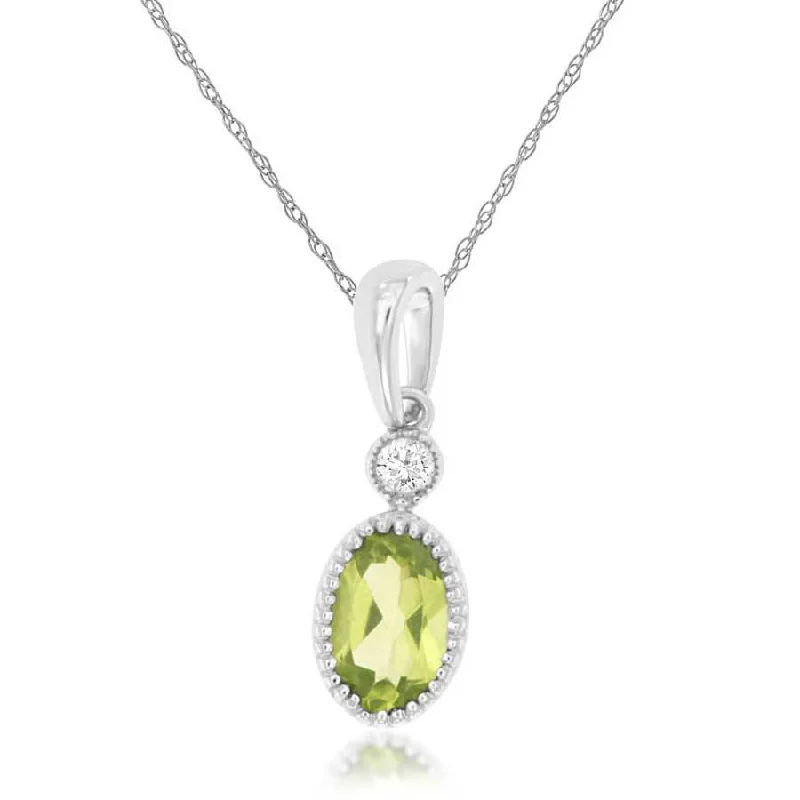 Opal and diamond engagement ring in a contemporary silver band with black - rhodium accentsGreen Beaded Bezel Set Oval Peridot and Round Diamond Pendant Necklace in White Gold