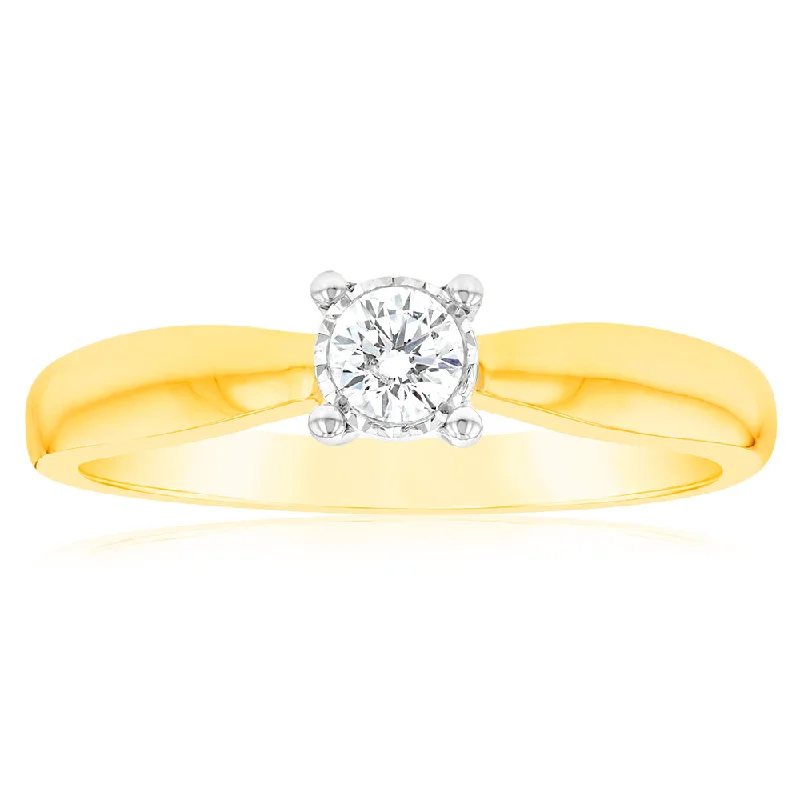 Art Deco - Inspired Women's Diamond Rings with Geometric Designs and Baguette - Cut DiamondsLuminesce Lab Grown 1/10 Carat Diamond 4 Claw Ring in 9ct Yellow Gold