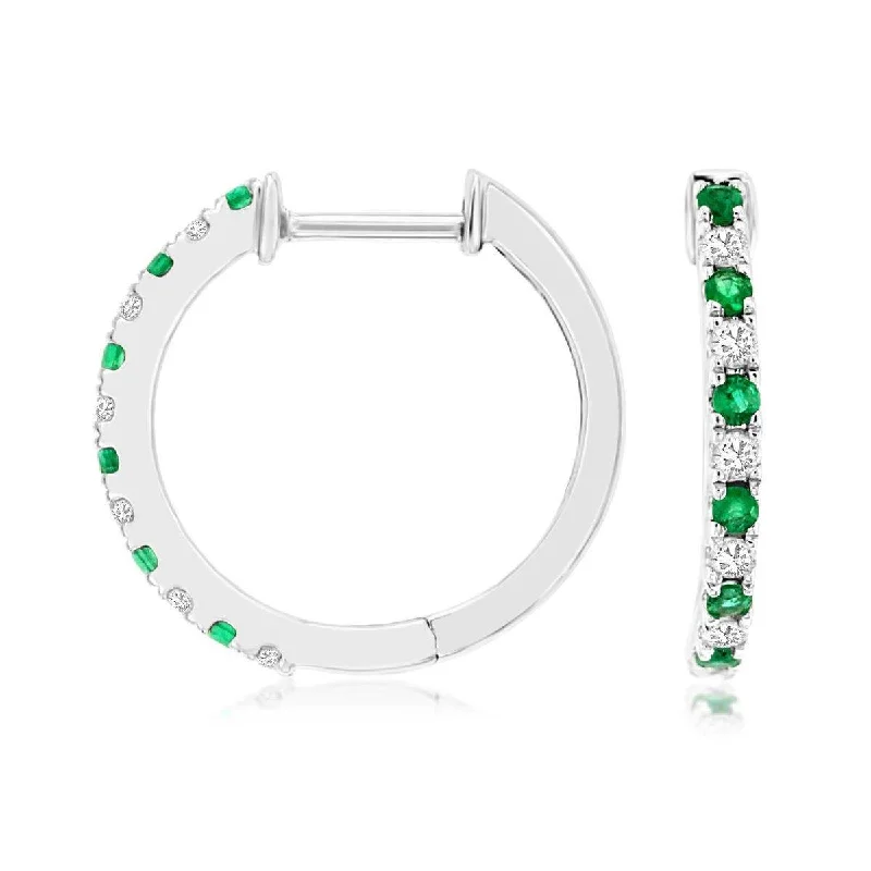 Emerald and diamond engagement ring in a vintage - inspired platinum bandDelicate Natural Emerald and Diamond Huggie Hoop Earrings in White Gold