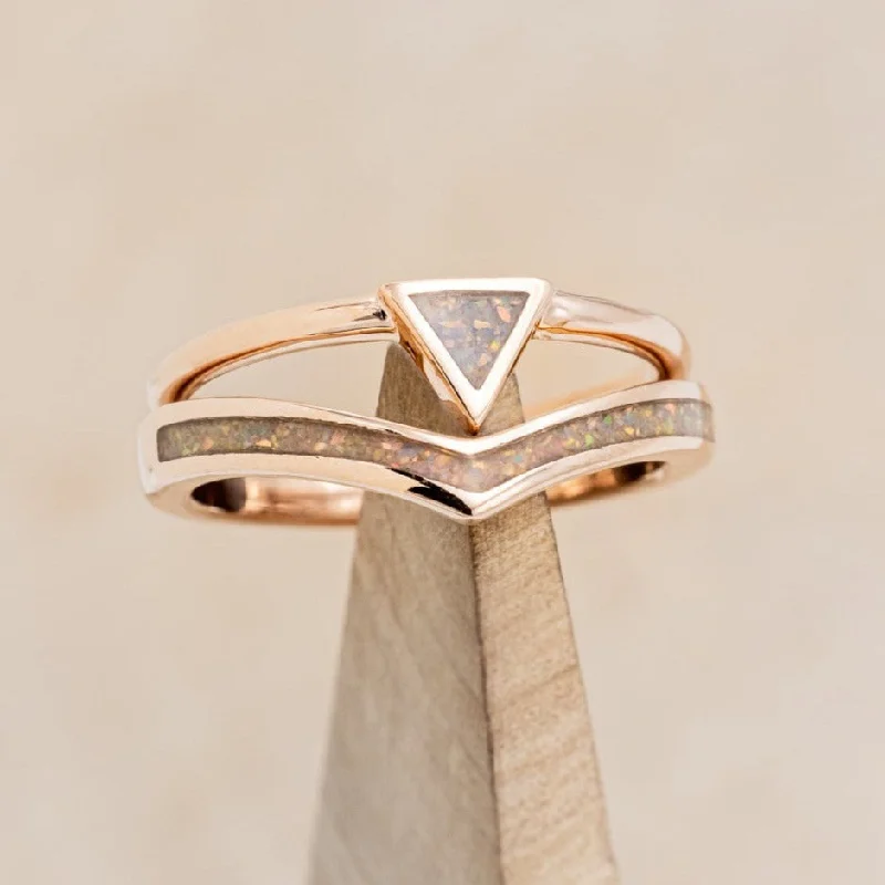 Men's Turquoise Engagement Rings in 925 Silver with a Southwestern - Inspired Band"ATLANTIS" - 14K GOLD TRIANGLE RING & V-SHAPED TRACER SET WITH FIRE & ICE OPAL