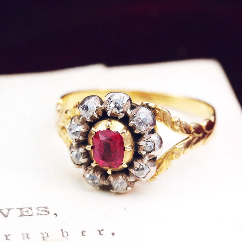 Minimalist Women's Rings with a Single Pearl in 14K Gold - Plated BandsRare Early Victorian Ruby & Diamond Blossom Ring