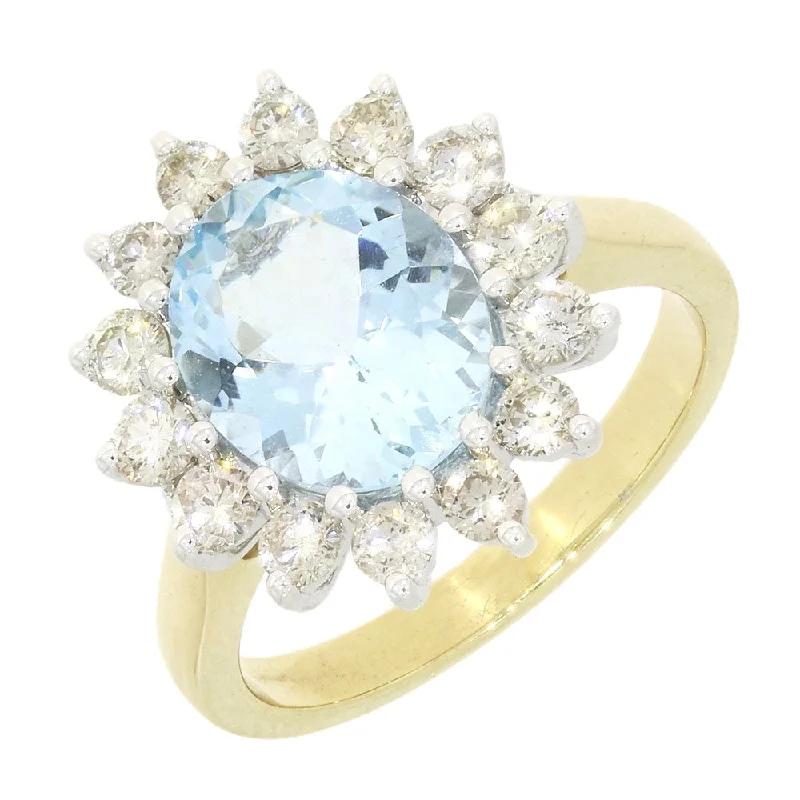 Cluster - Style Women's Diamond Rings with Multiple Small Diamonds Arranged in a Stunning PatternPre Owned 14ct Yellow Gold 2.45ct Aquamarine and 0.95cts Diamond Cluster Ring