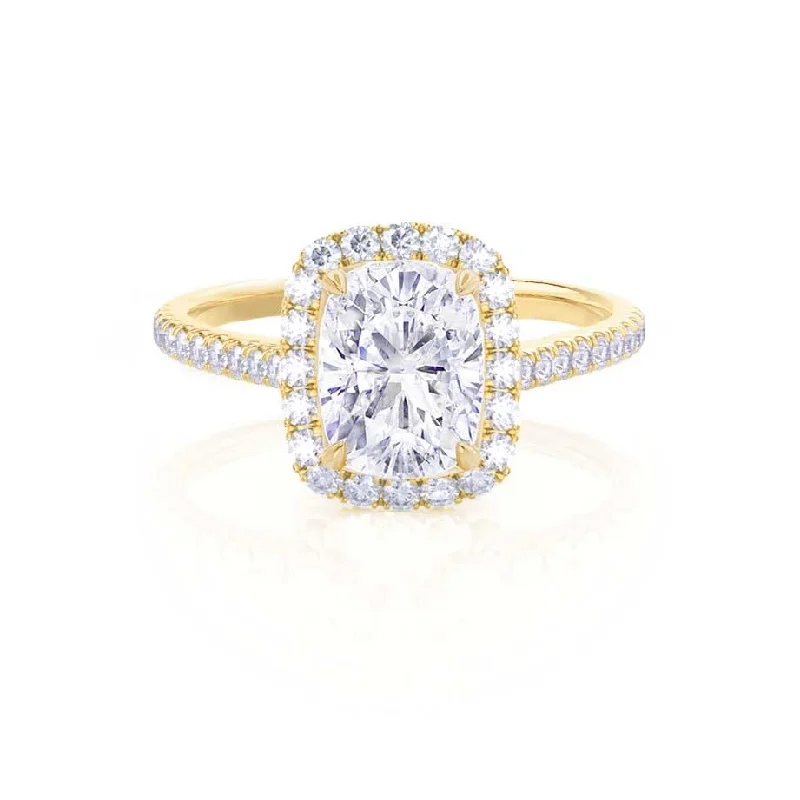 Pink diamond engagement ring in a rose - gold band with white - gold accentsDARLEY - 1.50ct Moissanite Elongated Cushion Micro Pavé 18k Yellow Gold Halo