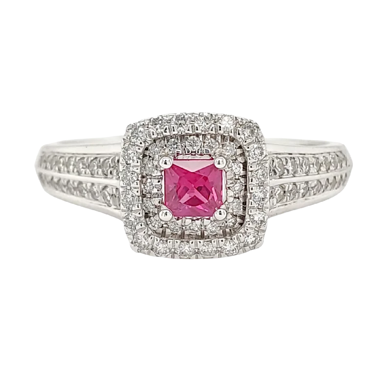 Solitaire diamond engagement ring with a platinum setting for a classic and elegant lookPrincess Cut Double Diamond Halo Ruby Ring with Channel Set Diamond White Gold Band