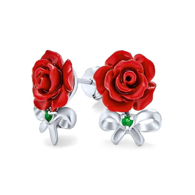 Pearl - Set Minimalist Stud Earrings in White for a Classic and Elegant AppearanceRomantic Floral Emerald Green CZ Stud Earrings with 3D Carved Red Rose Design