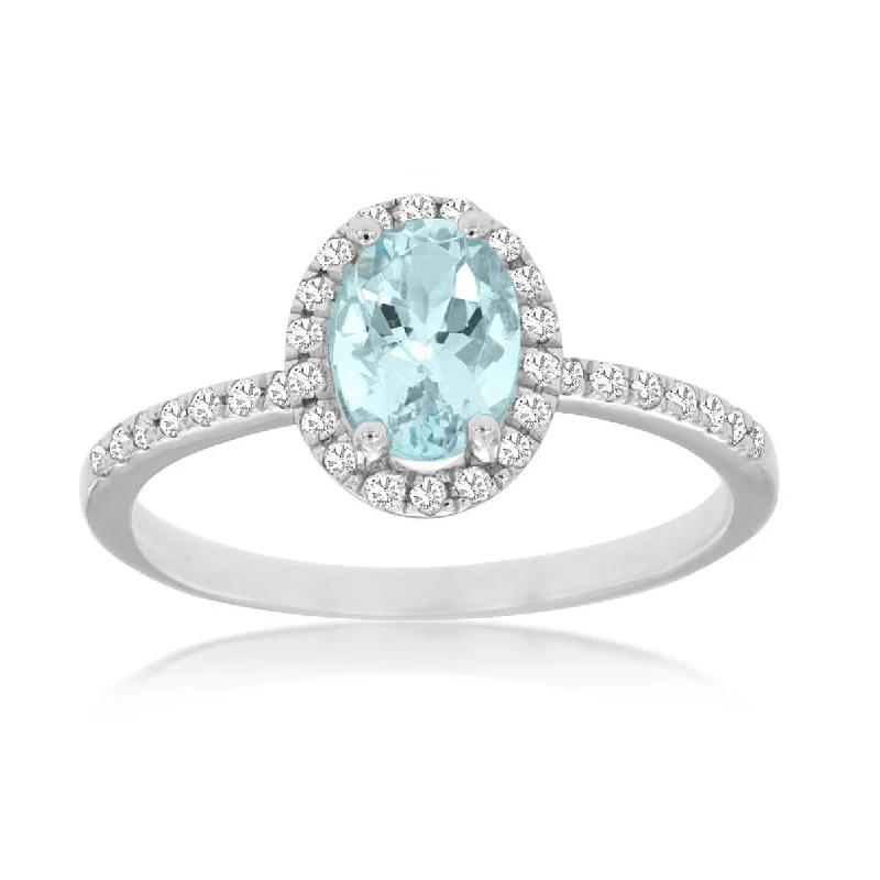 Three - stone diamond engagement ring in rose gold, symbolizing past, present, and futureOval Blue Aquamarine Diamond Halo Pave Band Ring in White Gold