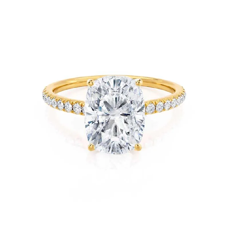 Solitaire diamond engagement ring with a platinum setting for a classic and elegant lookMACY - Ready to Ship 2.30ct Elongated Cushion Moissanite & Diamond 18k Yellow Gold Petite Pavé Shoulder Set Ring