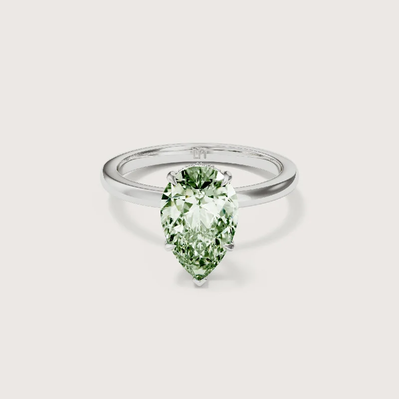 Round - cut diamond engagement ring with a twisted band design in 14K white goldBianca Pear Solitaire Green Diamond - Hidden Halo