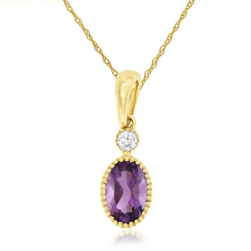 Asscher - cut diamond engagement ring with a pavé - set eternity band in platinumPurple Beaded Bezel Set Oval Amethyst and Round Diamond Pendant Necklace in Yellow Gold