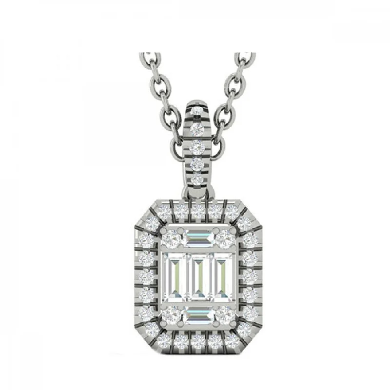 Emerald - cut diamond engagement ring set in a modern titanium bandBaguette and Round Cut Diamond Drop Cluster Halo Pendant Necklace in White Gold, 0.10 cttw