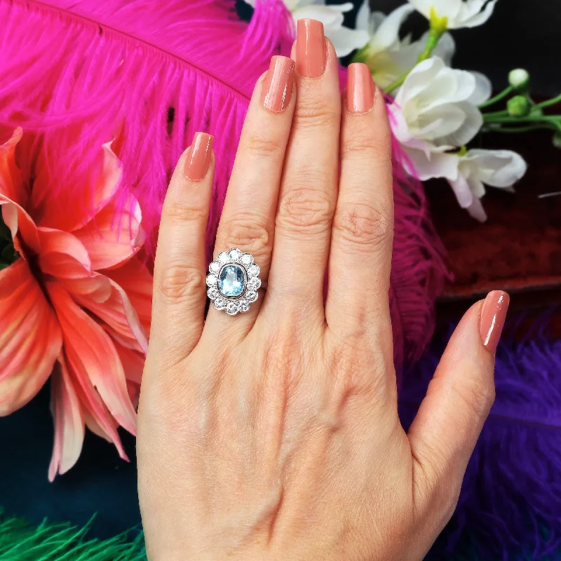 Vintage - Inspired Filigree - Design Women's Rings in Sterling SilverUber-Glam French Aquamarine & Diamond Cluster Cocktail Ring