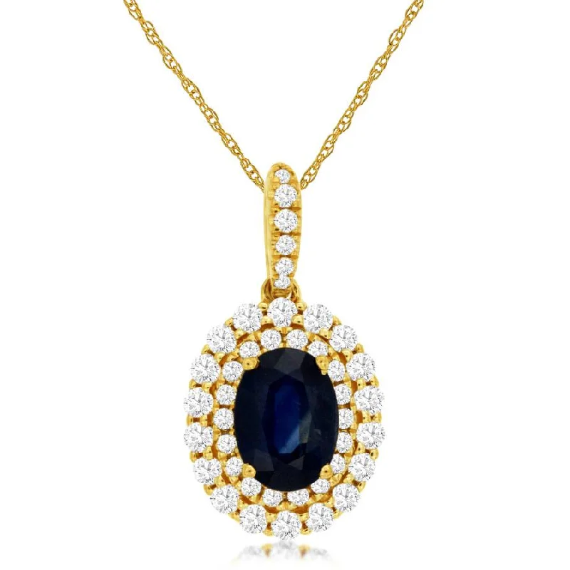 Radiant - cut diamond engagement ring with a bezel - set center stone in 18K yellow goldNatural Blue Oval Sapphire Double Diamond Halo Pendant Necklace in Yellow Gold