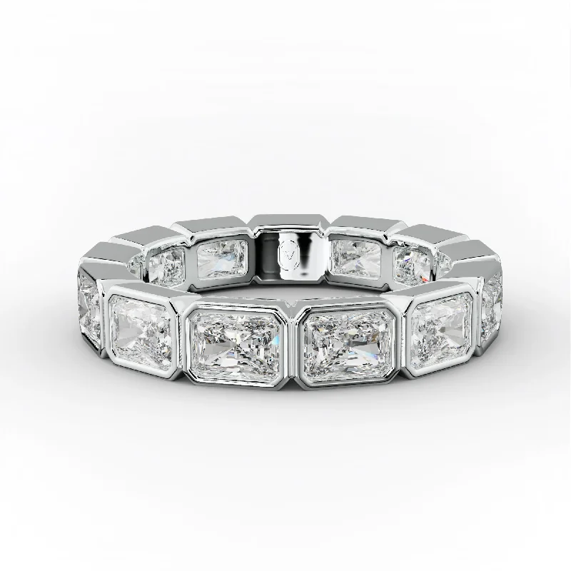 Cushion - Cut Women's Diamond Rings in Platinum with a Soft and Romantic Appearance3.0 Carat East West Radiant Cut Bezel Set Diamond Eternity Band