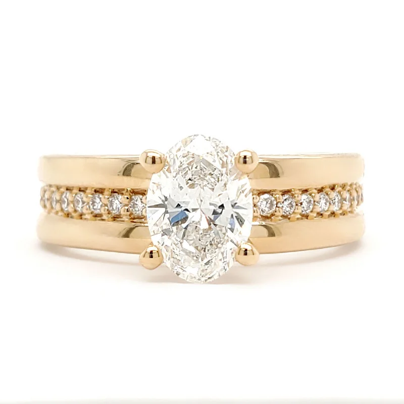 Princess - cut diamond engagement ring with a pavé - set band in platinumLab-Created Oval Cut Diamond Thick Band Pave Engagement Ring in Yellow Gold, 1.16 cttw