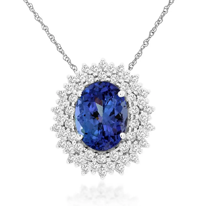 Halo diamond engagement ring in 18K white gold with a center oval - cut stoneBlue Oval Tanzanite Pendant Necklace with Double Diamond Halo and Beading in White Gold