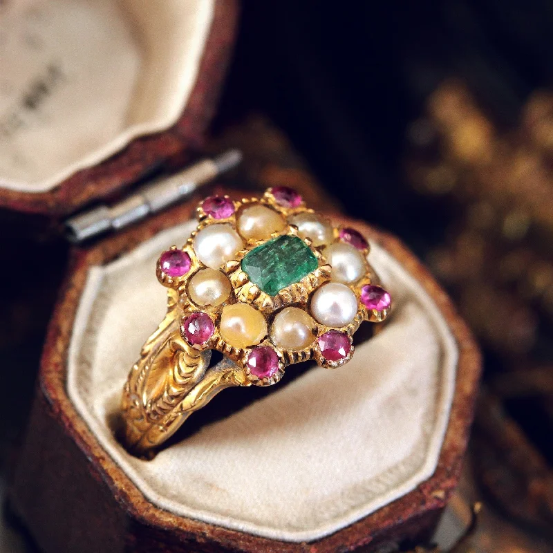 Women's Rings with Hidden Compartments for Secret KeepsakesExquisite Antique Georgian Emerald, Pearl and Ruby Ring