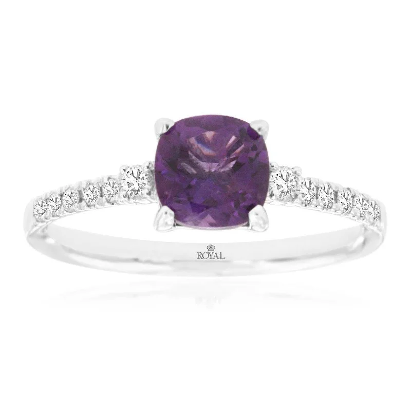 Ruby and diamond engagement ring with a halo of diamonds in 14K red goldCushion Cut Purple Amethyst Ring with Pave Diamond Band in White Gold