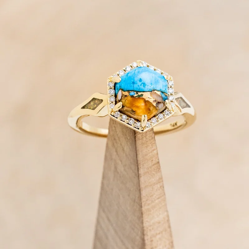 Men's Aquamarine Engagement Rings in 9K Gold with a Bezel - Set Stone"CRAZY ON YOU" - HEXAGON SPINY OYSTER TURQUOISE ENGAGEMENT RING WITH DIAMOND HALO & FIRE AND ICE OPAL INLAYS