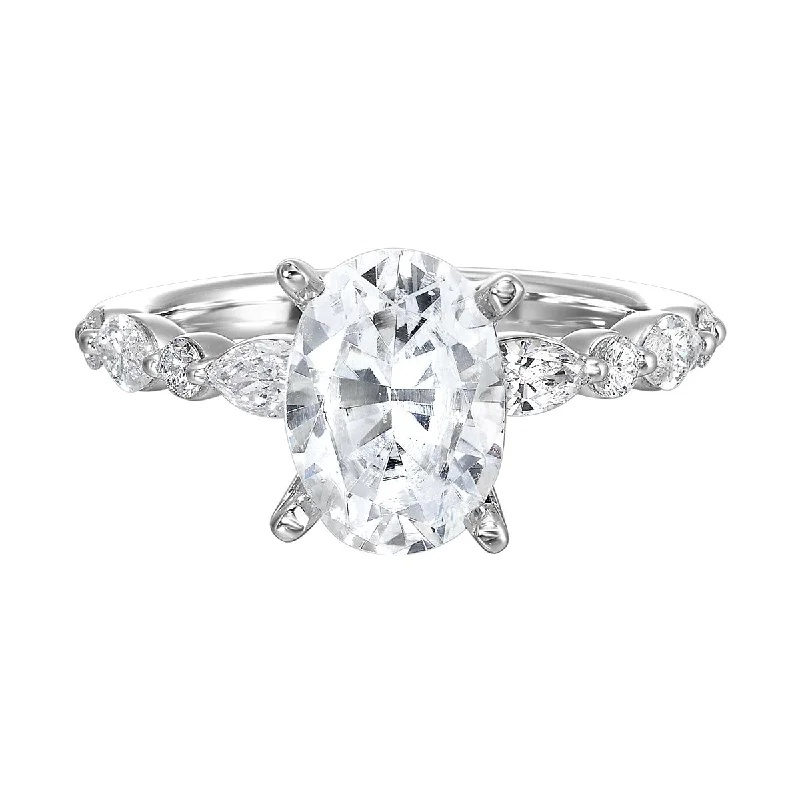 Halo diamond engagement ring in 18K white gold with a center oval - cut stoneSculptural Lab-Created Oval Diamond Engagement Ring with Round and Marquise Diamonds in White Gold, 2.67 cttw