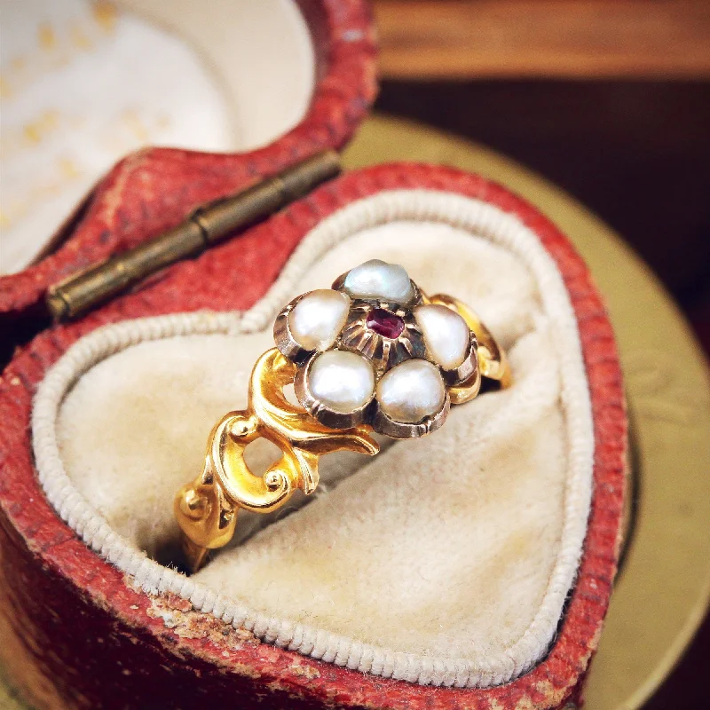 Magnetic Clasp Women's Rings for Easy Wearing and RemovalCirca 1840 Wild Pearl & Ruby Pansy Ring