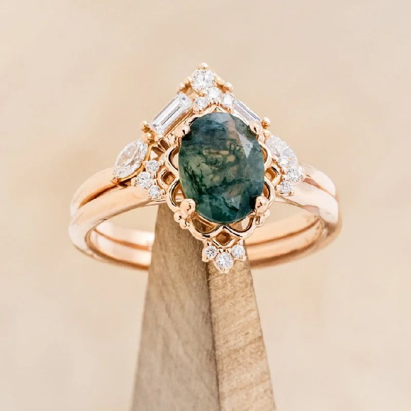 Men's Opal Engagement Rings in 10K Gold with a Milgrain - Trimmed Band"TREVA" - OVAL MOSS AGATE ENGAGEMENT RING WITH DIAMOND ACCENTS & "MELODY" TRACER