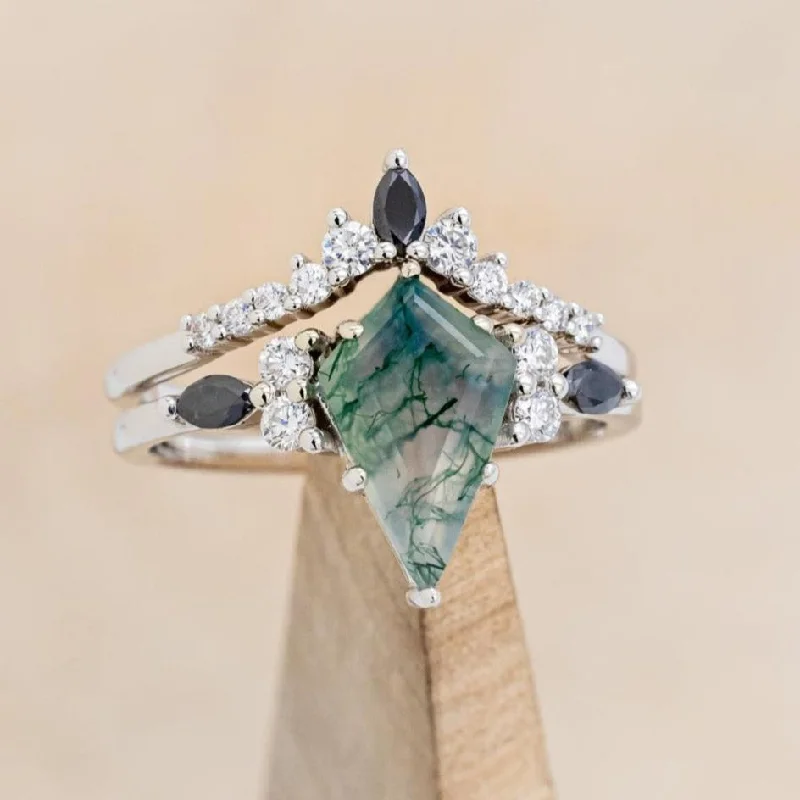 Men's Aquamarine Engagement Rings in 9K Gold with a Bezel - Set Stone"SAGE" - KITE CUT MOSS AGATE ENGAGEMENT RING WITH BLACK MARQUISE DIAMOND ACCENTS & A DIAMOND TRACER