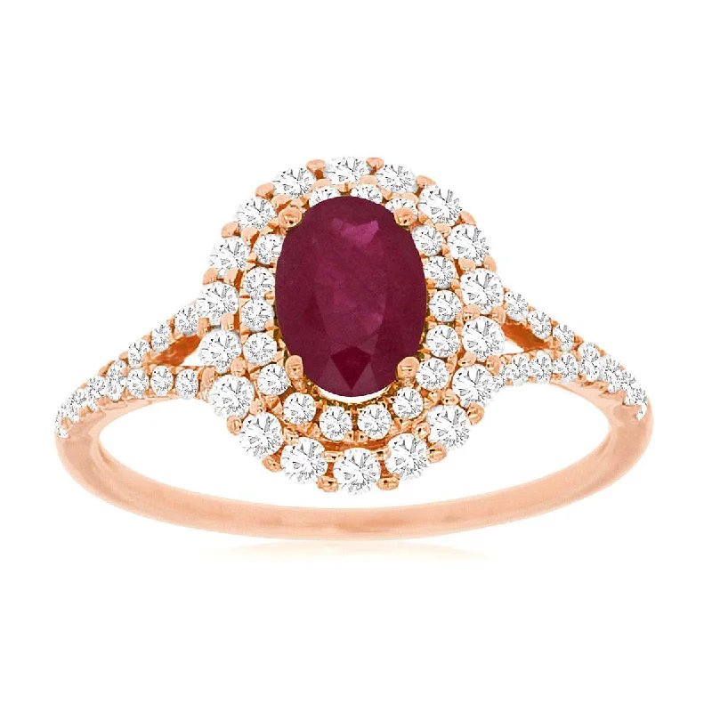 Pear - shaped diamond engagement ring with side baguette diamonds in 18K goldNatural Red Oval Ruby Double Diamond Halo Ring in Rose Gold