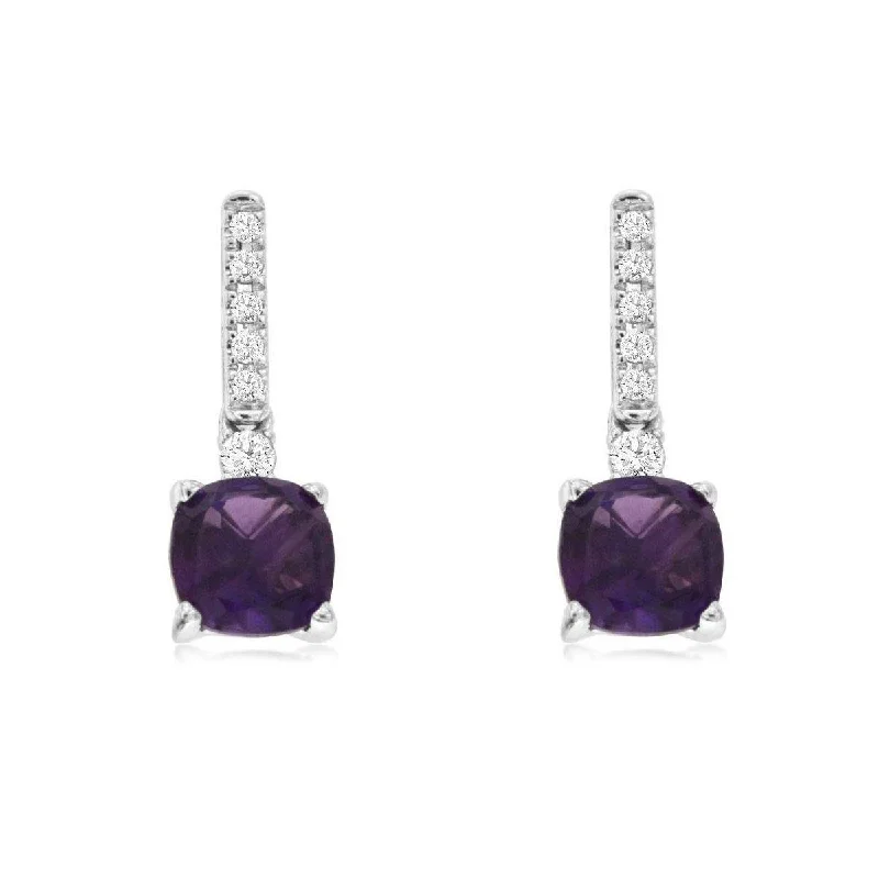 Solitaire diamond engagement ring with a platinum setting for a classic and elegant lookCushion Cut Purple Amethyst and Round Diamond Dangle Earrings in White Gold