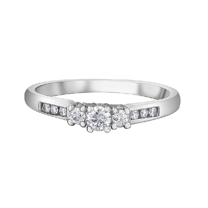 Vintage - Style Women's Diamond Rings with Floral - Engraved Bands and Multiple Diamond AccentsThree-Stone Diamond Ring with Channel Set Accents