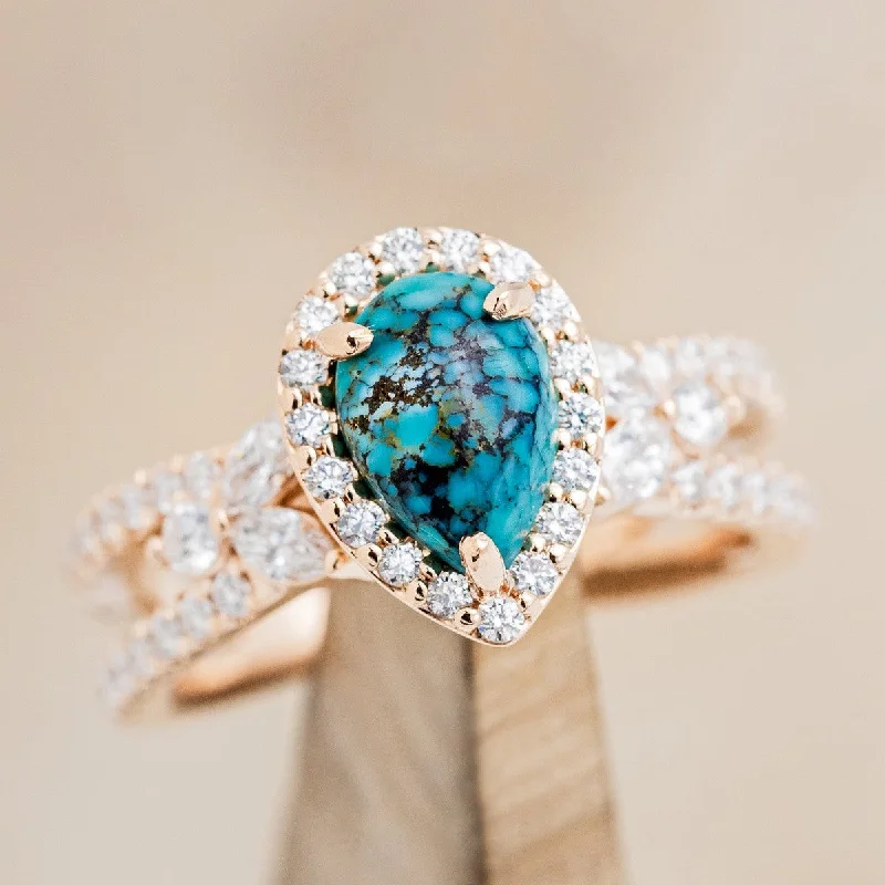 Men's Alexandrite Engagement Rings in Platinum with a Hidden Halo of Diamonds"LORETTA" - PEAR CUT TURQUOISE ENGAGEMENT RING WITH DIAMOND HALO & ACCENTS