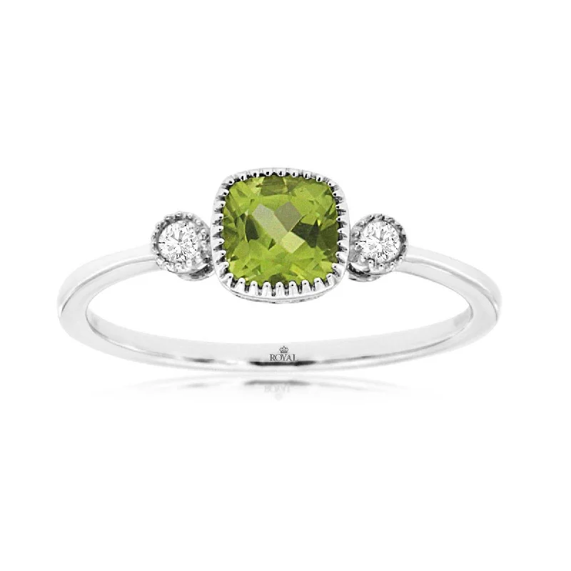 Vintage - style engagement ring with filigree details and sapphire accents in 14K yellow goldCushion Cut Green Peridot and Round Diamond Three Stone Ring in White Gold