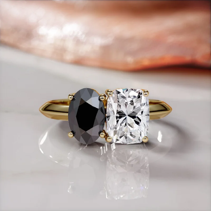 Women's Diamond Rings with Sapphire Accents in Blue for a Colorful and Sophisticated TouchMars's Moons - Two Stone Natural Black Diamond Oval Engagement Ring in Yellow Gold