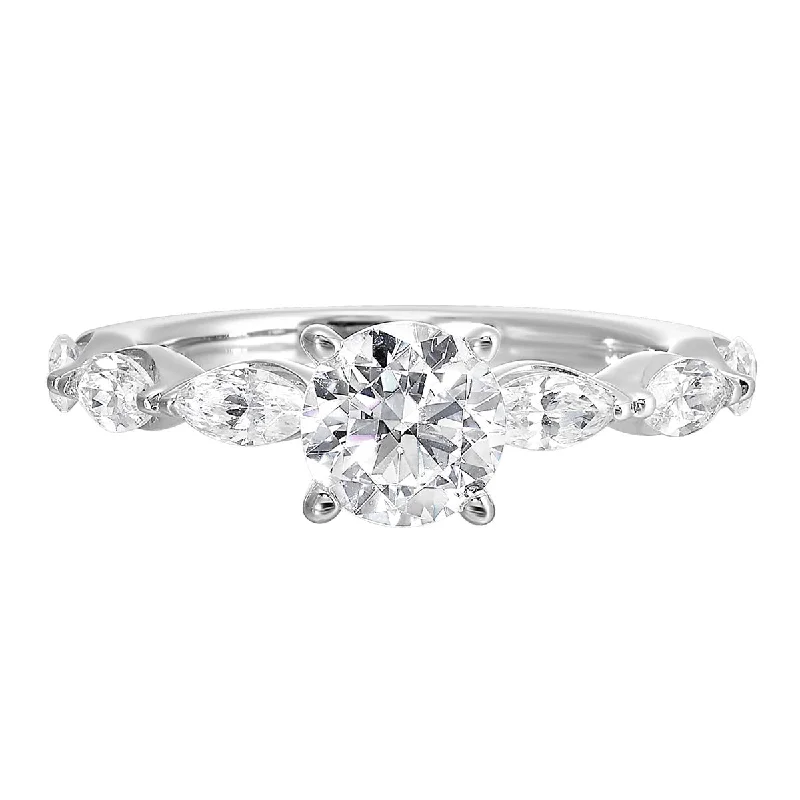 Cushion - cut diamond engagement ring with a halo of moissanite in a silver - plated bandPetite Round and Marquise Cut Lab-Created Diamond Engagement Ring in White Gold, 1.79 cttw