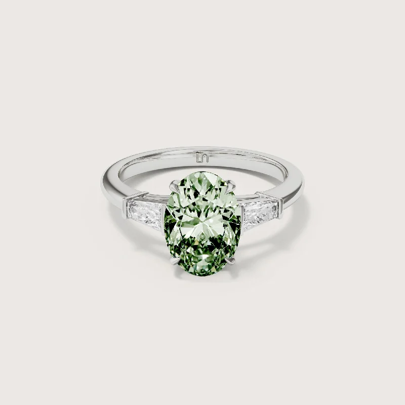 Round - cut diamond engagement ring with a twisted band design in 14K white goldMayfair Oval Baguette Trilogy Green Diamond