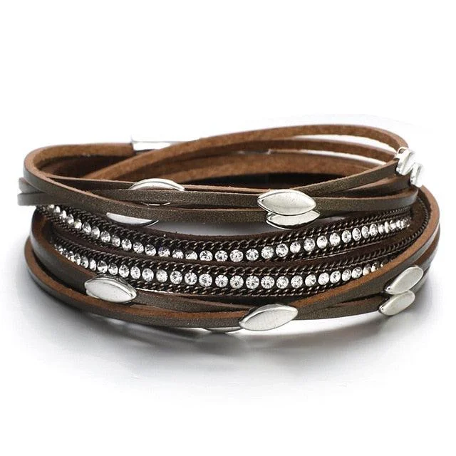 Leather Wrap Bracelets with Engraved Metal Charms for Men'Tahnee' Charms & Crystals Wrap Bracelet - brown