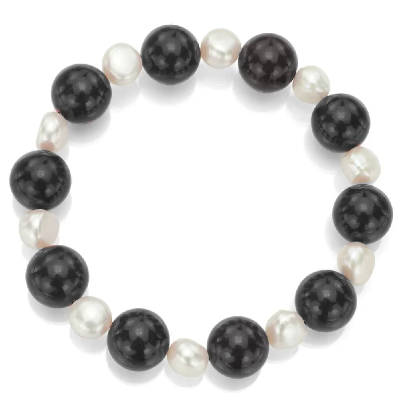 Stackable Pearl Bracelet Set with Mixed - Sized Pearls for a Trendy Layered StyleDaVonna 12mm Round Black Onyx and 8-8.5mm White Freshwater Pearl Stretch Bracelet, 7.5"