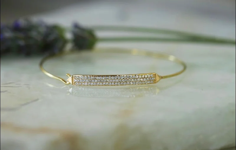 Pearl - Adorned Bangle Bracelets with Delicate Silver ChainsPave Diamond Bar Cuff Bracelet