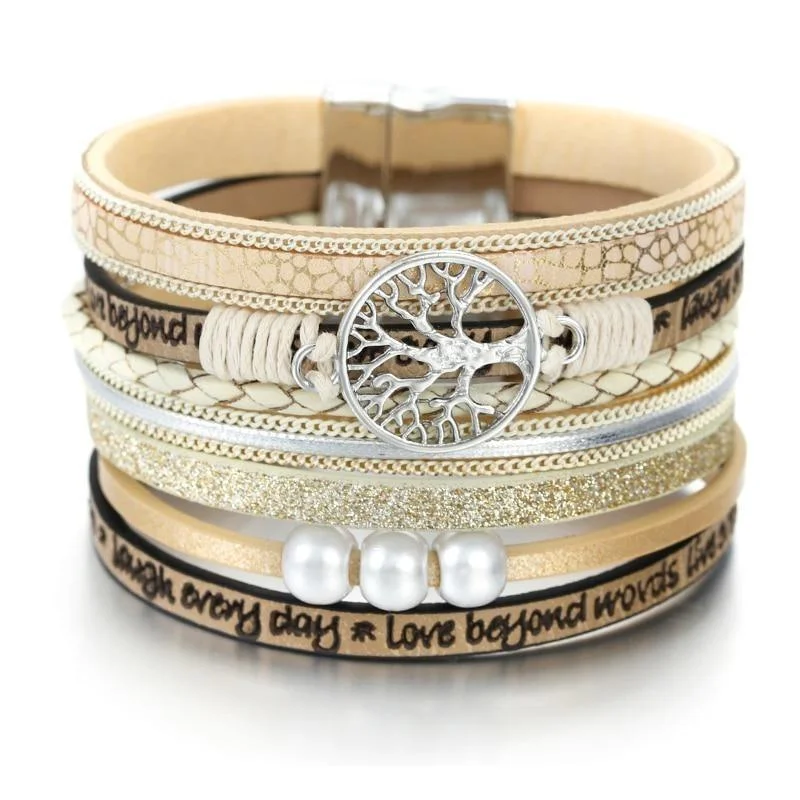 Rose Gold - Toned Women's Cuff Bracelets with Cubic Zirconia for a Glamorous Look'Wise Words' Tree of Life Charm Bracelet - beige