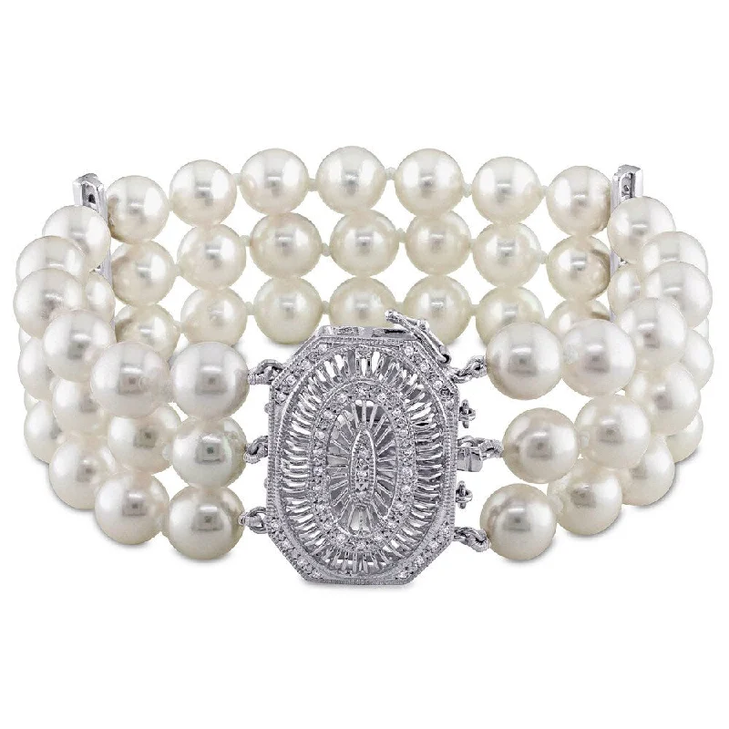 Vintage - Reproduction Pearl Bracelet with Filigree Metalwork for a Retro AppealMiadora Signature Collection 14k White Gold and 1/3ct TDW Diamond Three Row Akoya Pearl Bracelet (G-H, SI1-SI2) (7-7.5mm)