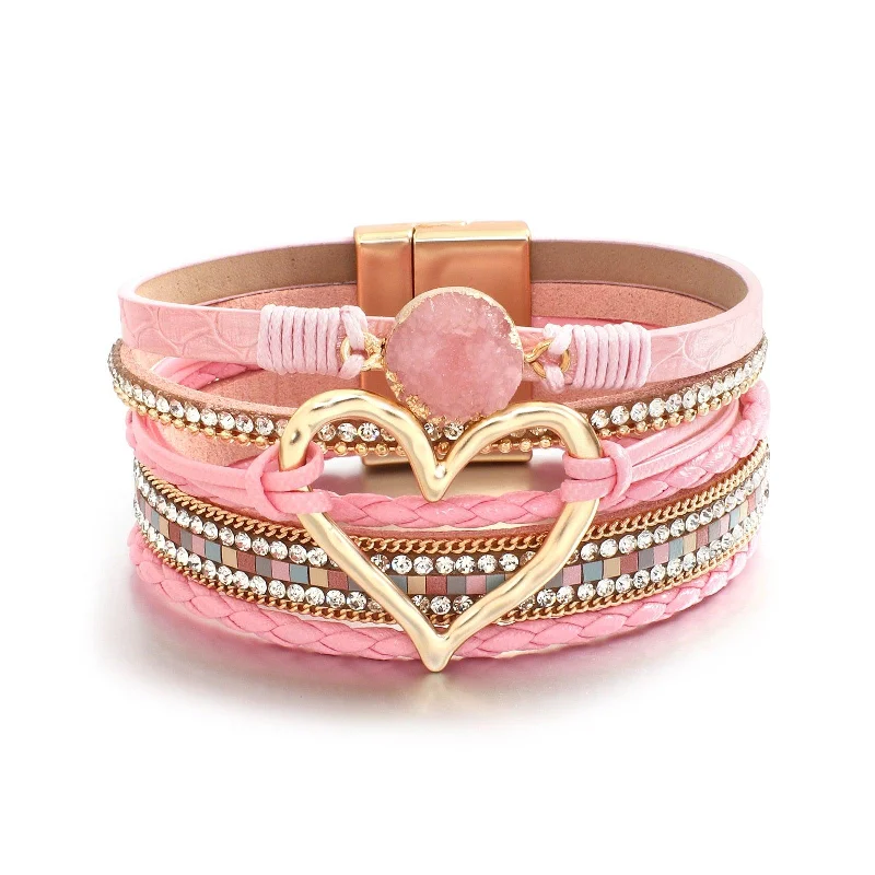 Stackable Women's Cuff Bracelets in Different Sizes and Materials for Layered Styling'Dalgu' Heart Charm Cuff Bracelet - pink