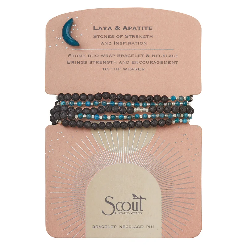 Stackable Wrap Bracelets in Different Widths and TexturesStone Duo Wrap Bracelet/Necklace/Pin - Lava & Apatite/Silver