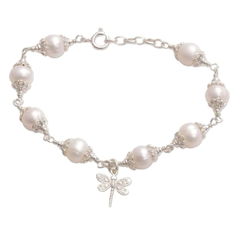 Pearl Bracelet with LED - Lit Pearl Accents for a Glowing and Eye - Catching EffectNOVICA Handmade Sterling Silver Moonlight Dragonfly Cultured Pearl Bracelet (Indonesia) - White