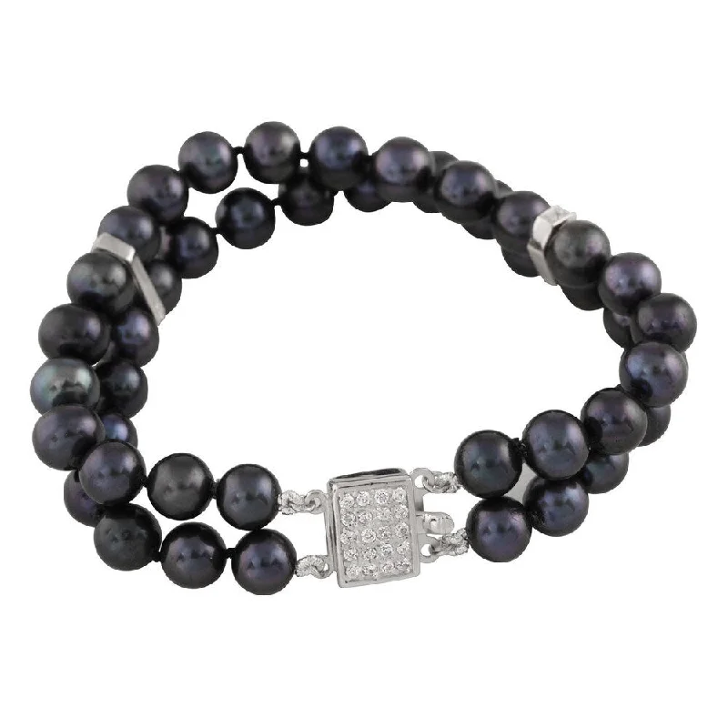 Pearl and Lava Rock Bracelet with Essential Oil - Diffusing Feature for Aromatherapy on the GoDouble Row Black Pearl and Cubic Zirconia Bracelet (7-8mm)