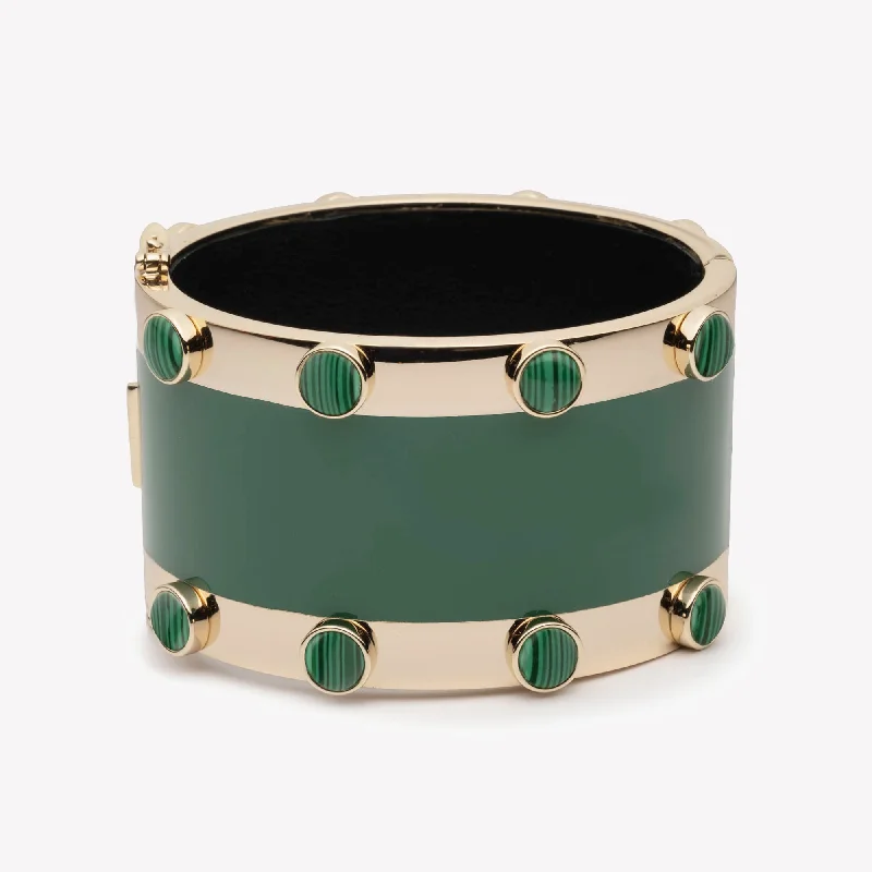 Magnetic Closure Women's Cuff Bracelets with Crystal Embellishments for Easy WearINLAID CABOCHON CUFF - MALACHITE