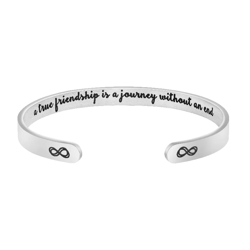 Women's Sterling Silver Cuff Bracelets with Engraved Floral Patterns for a Romantic LookJoycuff A True Friendship is A Journey Without An End Mantra Hidden Message Cuff Bracelet