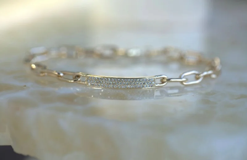 Plus Size Women's Wide Bangle Bracelets in Matte Finish for a Statement PiecePave Diamond ID Bar & Paperclip Chain Bracelet