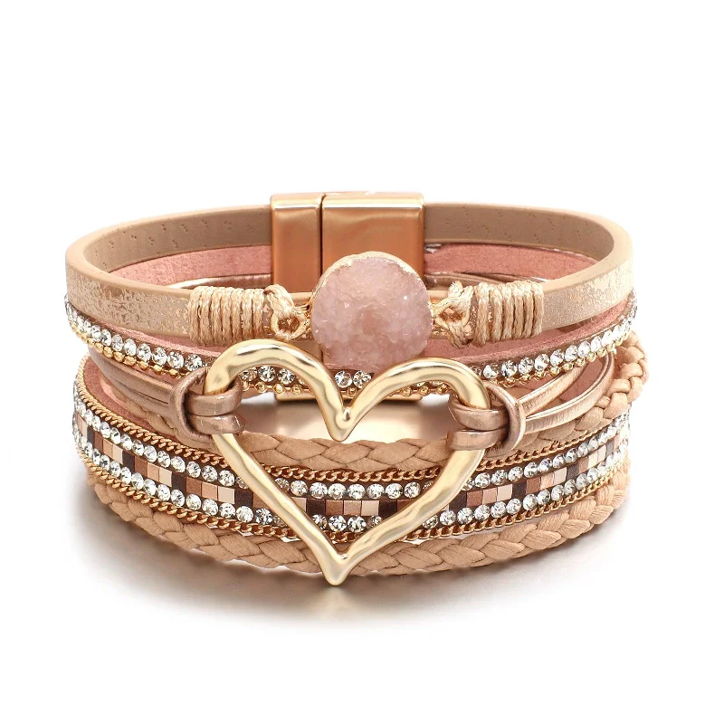 Magnetic Closure Women's Cuff Bracelets with Crystal Embellishments for Easy Wear'Dalgu' Heart Charm Cuff Bracelet - khaki