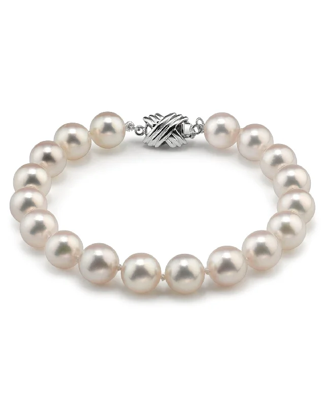 Vintage - Reproduction Pearl Bracelet with Filigree Metalwork for a Retro AppealWhite Hanadama Japanese Akoya Pearl Bracelet, 8.5-9.0mm