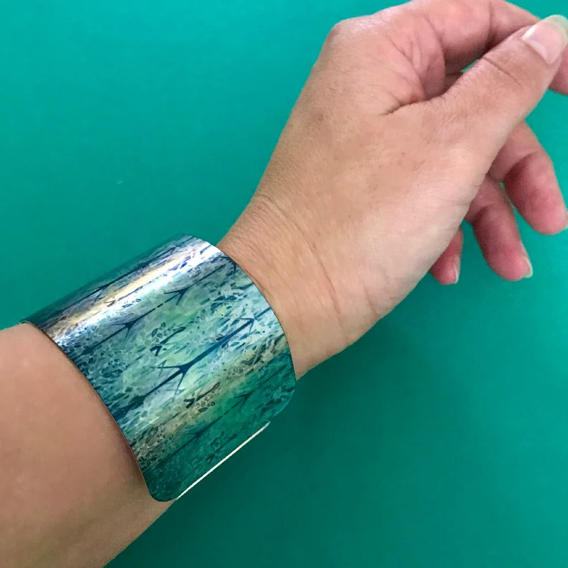 Women's Sterling Silver Cuff Bracelets with Engraved Floral Patterns for a Romantic LookForest |Green Cuff Bracelet - Comtemporary Teal Green Bangle - easy wear lightweight aluminium.