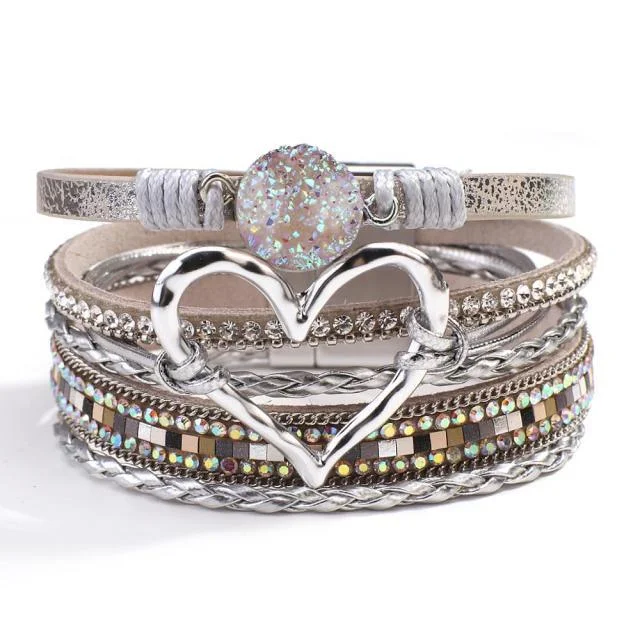 Rose Gold - Toned Women's Cuff Bracelets with Cubic Zirconia for a Glamorous Look'Dalgu' Heart Charm Cuff Bracelet - silver